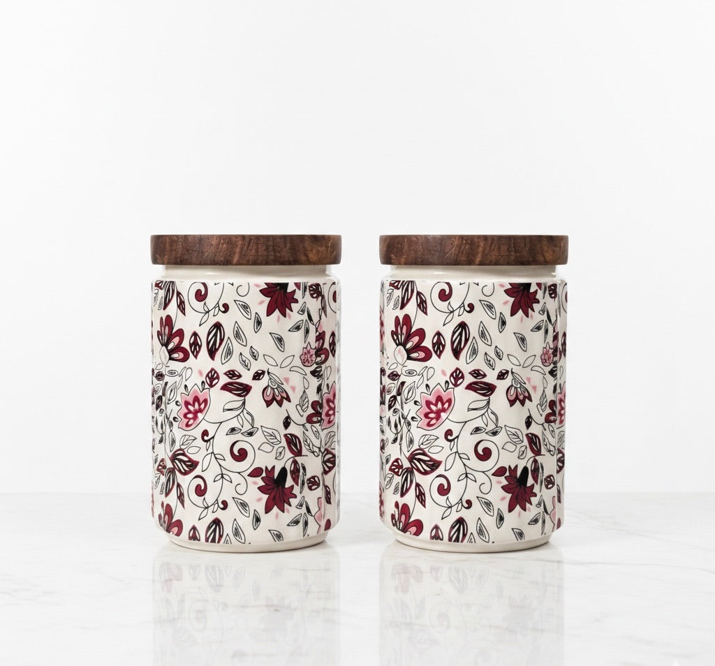 Elegant Floral Ceramic Storage Jars with Wooden Lid – Set of 2