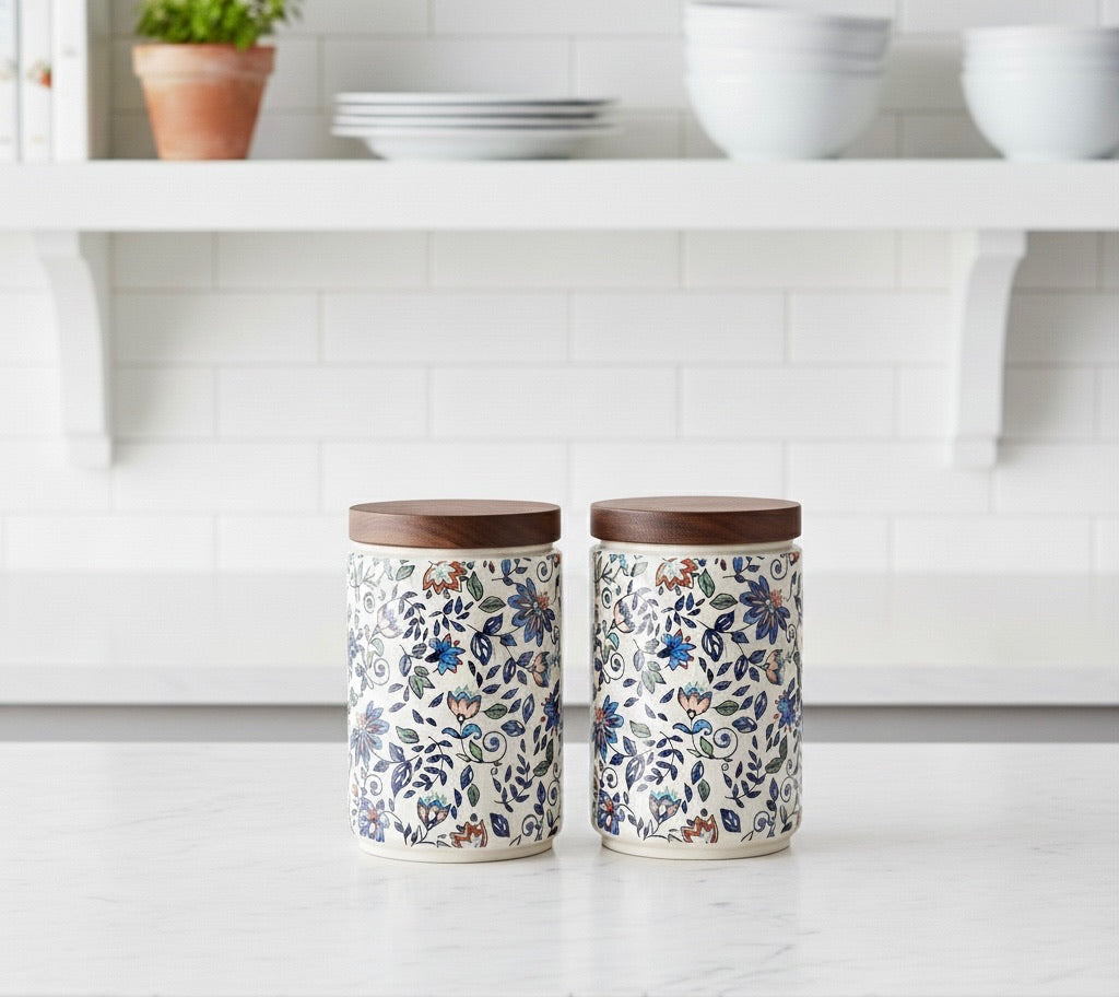 Elegant Floral Ceramic Storage Jars with Wooden Lid – Set of 2