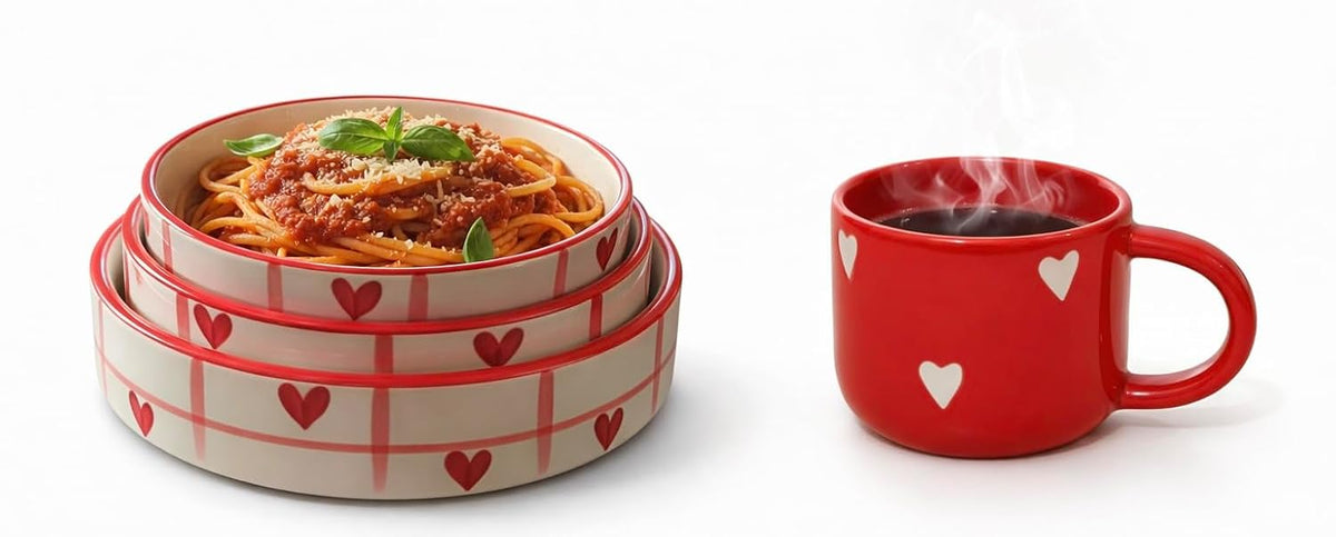 SOULCRAFTZ Heart Pattern Ceramic Stackable Pasta Tray Set with 2 Coffee Mugs Red and White