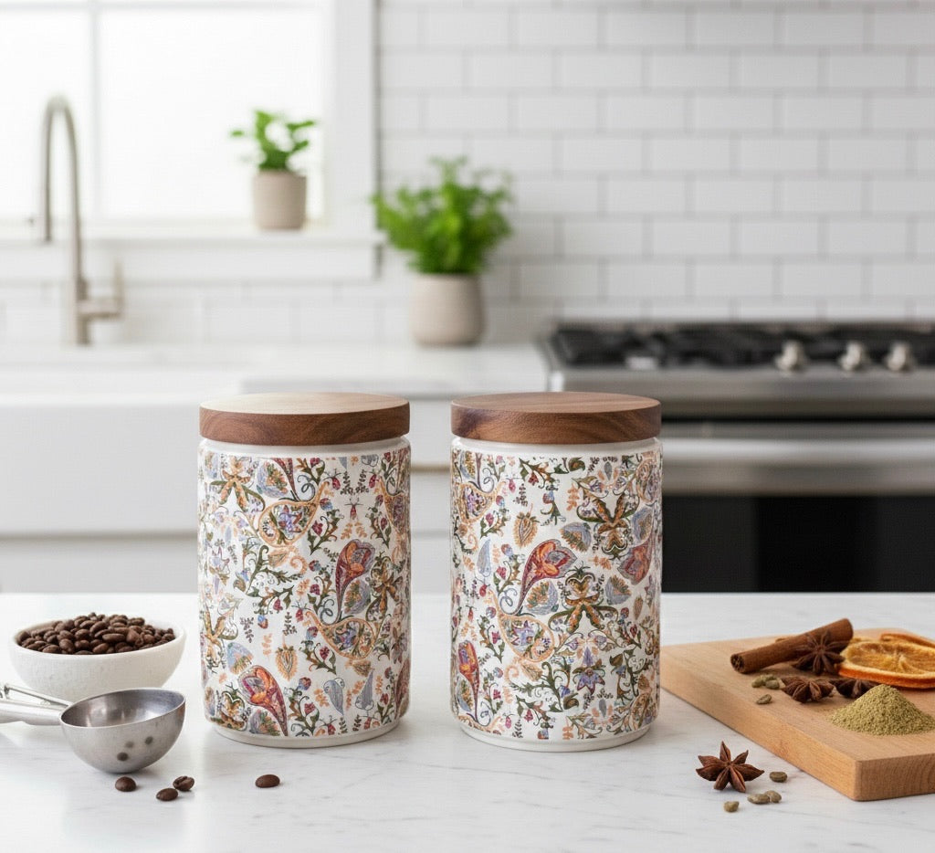Elegant Floral Ceramic Storage Jars with Wooden Lid – Set of 2