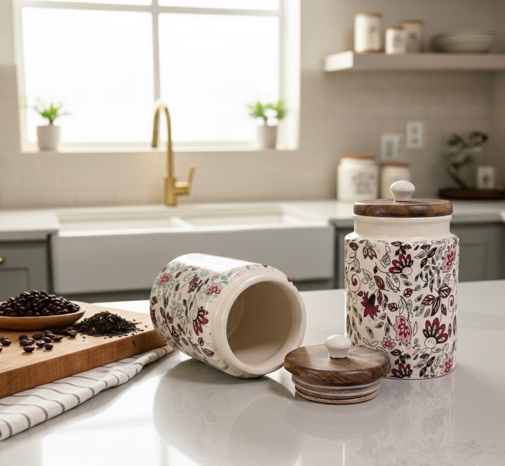 Handcrafted Floral Ceramic Storage Jars with Wooden Lid – Set of 2