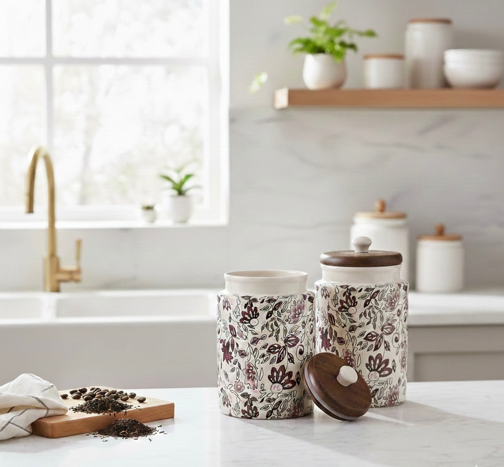 Handcrafted Floral Ceramic Storage Jars with Wooden Lid – Set of 2