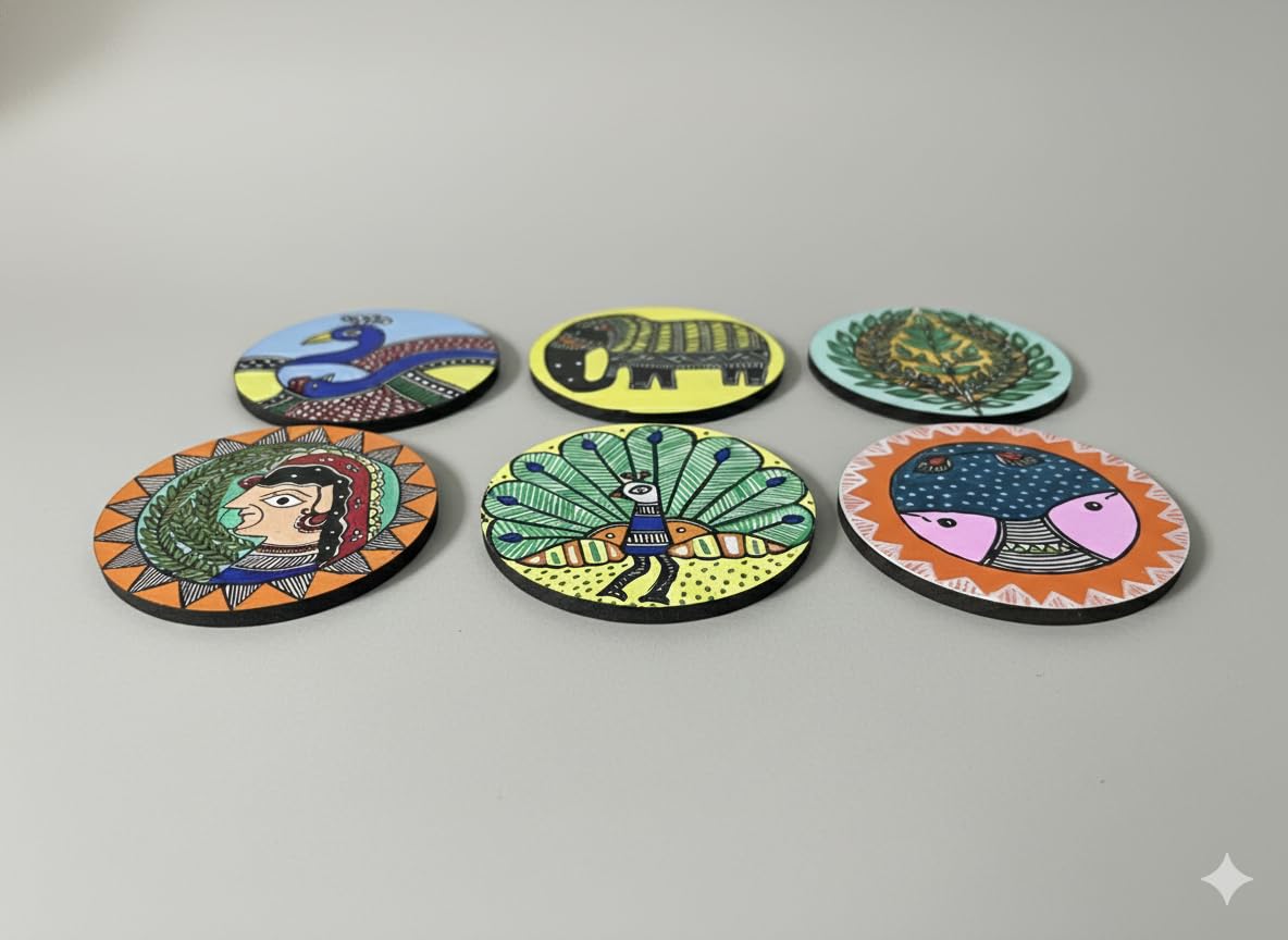 SOULCRAFTZ Hand Painted Mithila Art Round MDF Coasters Set of 6 4 Inch Diameter