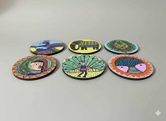 SOULCRAFTZ Hand Painted Mithila Art Round MDF Coasters Set of 6 4 Inch Diameter