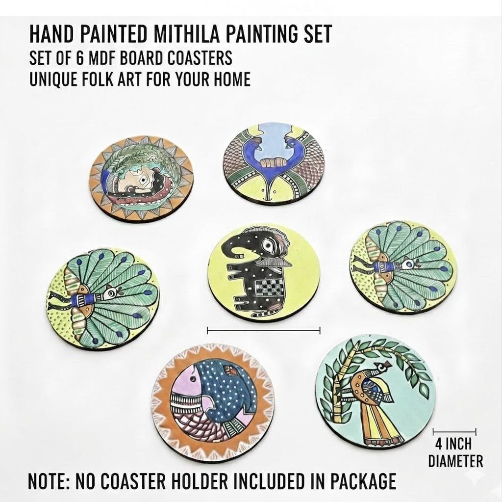 SOULCRAFTZ Hand Painted Mithila Art Round MDF Coasters Set of 6 4 Inch Diameter