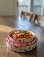 SOULCRAFTZ Heart Pattern Ceramic Stackable Pasta Tray Set with 2 Coffee Mugs Red and White