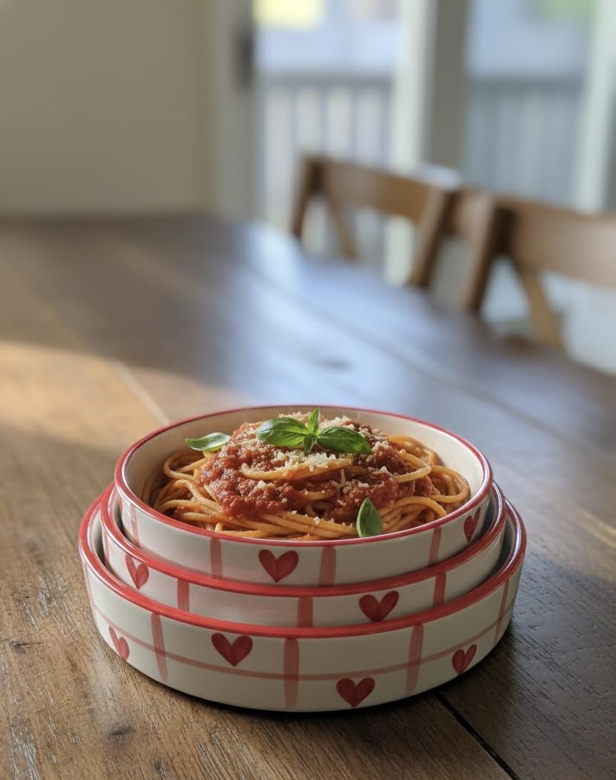 SOULCRAFTZ Heart Pattern Ceramic Stackable Pasta Tray Set with 2 Coffee Mugs Red and White