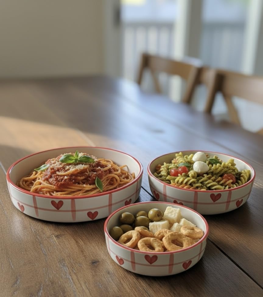 SOULCRAFTZ Heart Pattern Ceramic Stackable Pasta Tray Set with 2 Coffee Mugs Red and White