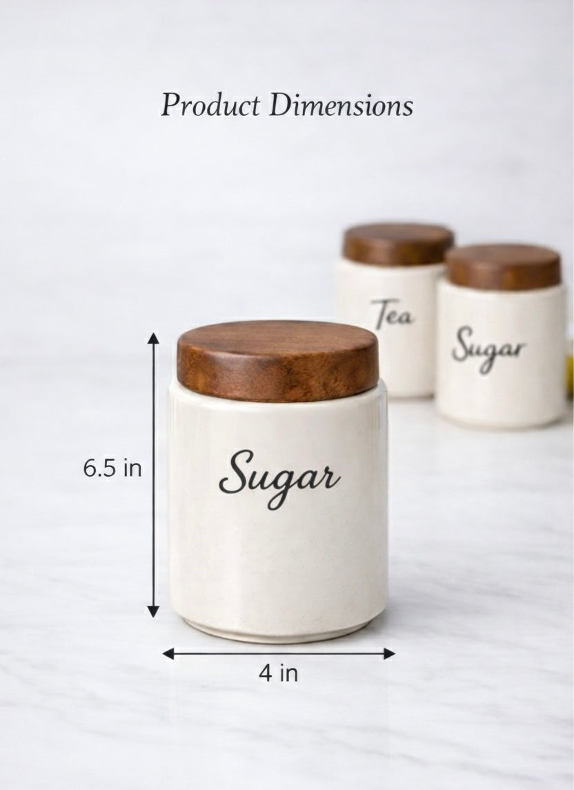 Ceramic Kitchen Canister Set with Acacia Wood Lids – Tea & Sugar Storage Jars (Set of 2, Round)