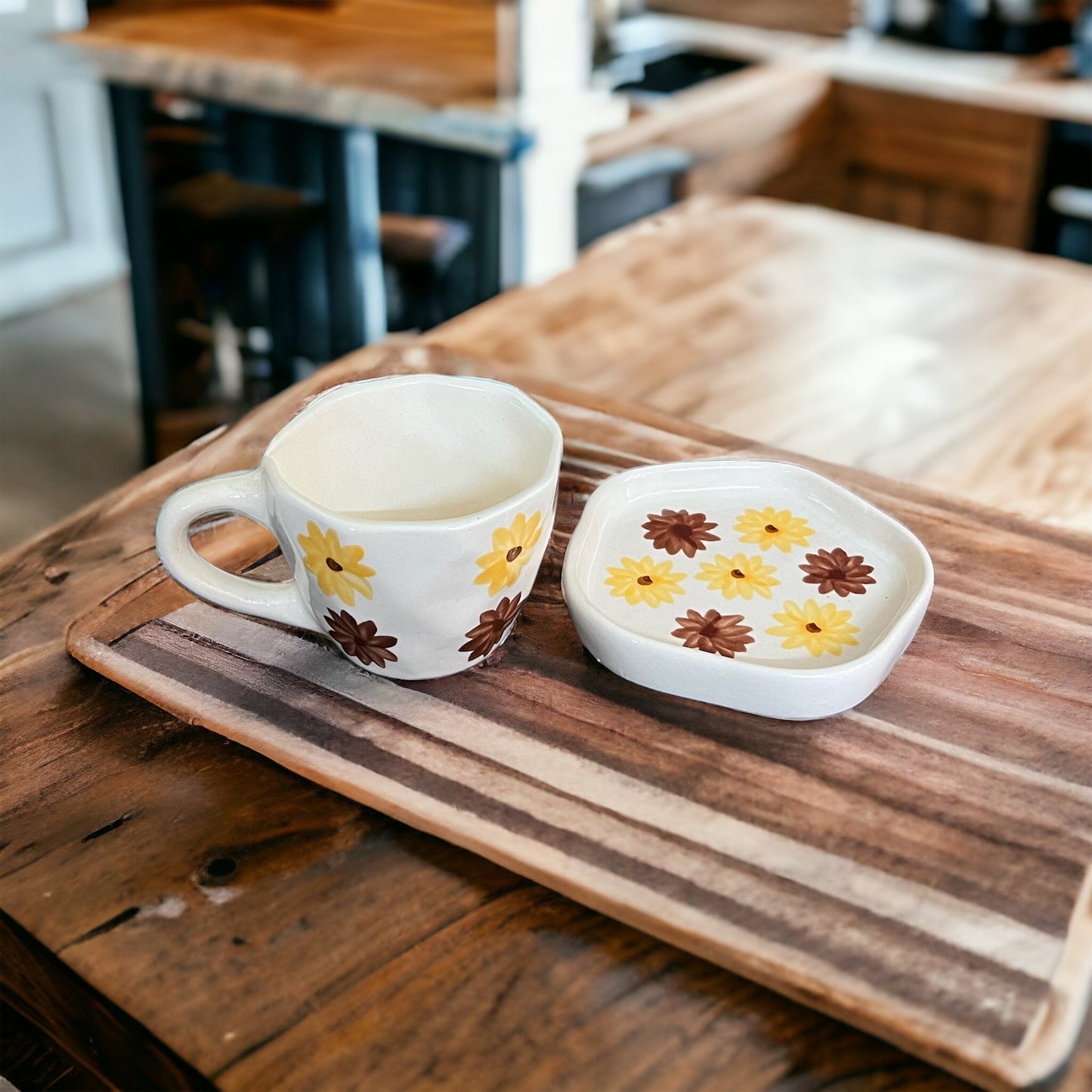 SOULCRAFTZ Sunflower Mug & Saucer 250 ML Handmade Ceramic Mugs Gift to Best Friend Coffee/Tea/Milk/Green Tea/Cold Coffee Mugs/Cup Microwave Safe & Dishwasher Safe (Set of 2)