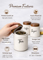 Ceramic Kitchen Canister Set with Acacia Wood Lids – Tea, Coffee & Sugar Storage Jars (Set of 3, Round)