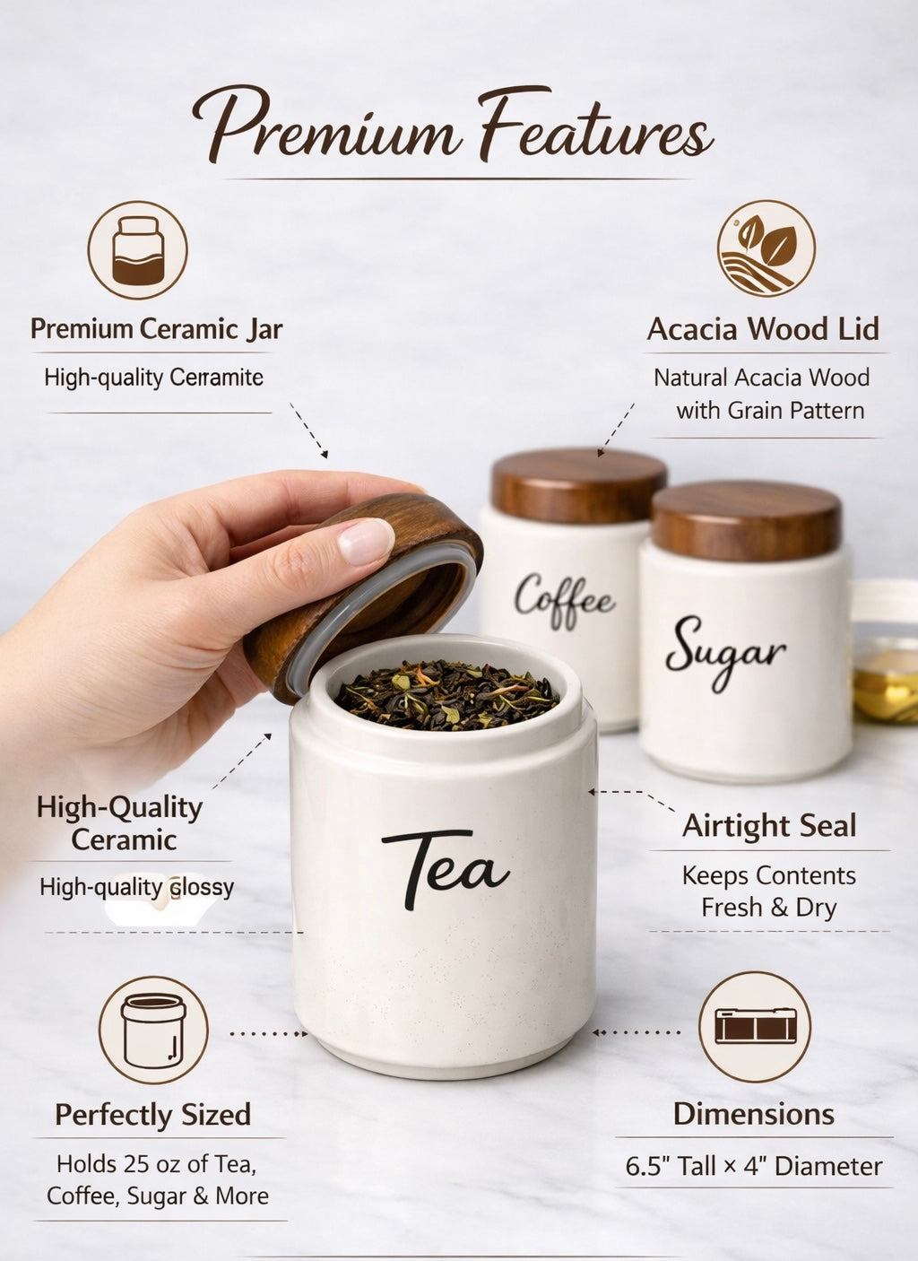 Ceramic Kitchen Canister Set with Acacia Wood Lids – Tea, Coffee & Sugar Storage Jars (Set of 3, Round)