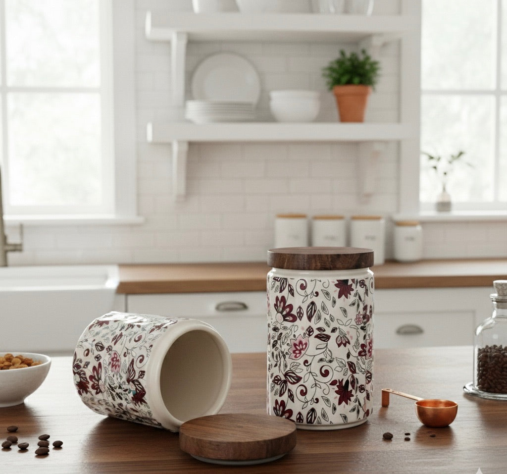 Elegant Floral Ceramic Storage Jars with Wooden Lid – Set of 2