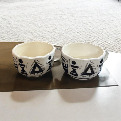 SOULCRAFTZ Ceramic Soup Bowl Set, Set of 2, 450ml | Soup Mug | Soup Cup | Soup Set | Glossy Finish | Soup Bowls Ceramic | Microwave Safe (Soup Cup Set of 2 -Worli Art, White Black)