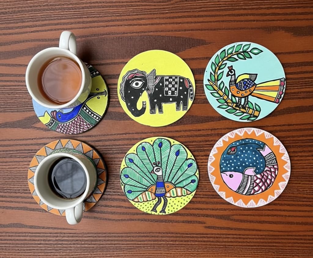 SOULCRAFTZ Hand Painted Mithila Art Round MDF Coasters Set of 6 4 Inch Diameter