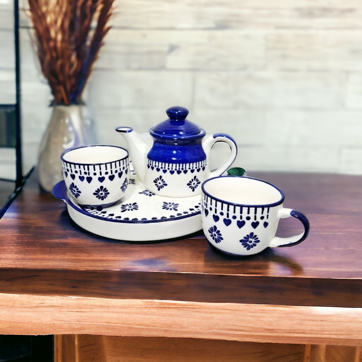 SOULCRAFTZ Hand Painted Fringe Design Ceramic Tea Kettle Set with 2 Cups(150ml), 1 Kettle(400ml)& 1 Tray/Ceramic Good Morning Set- Set of 4, Colour-Blue,Microwave Safe