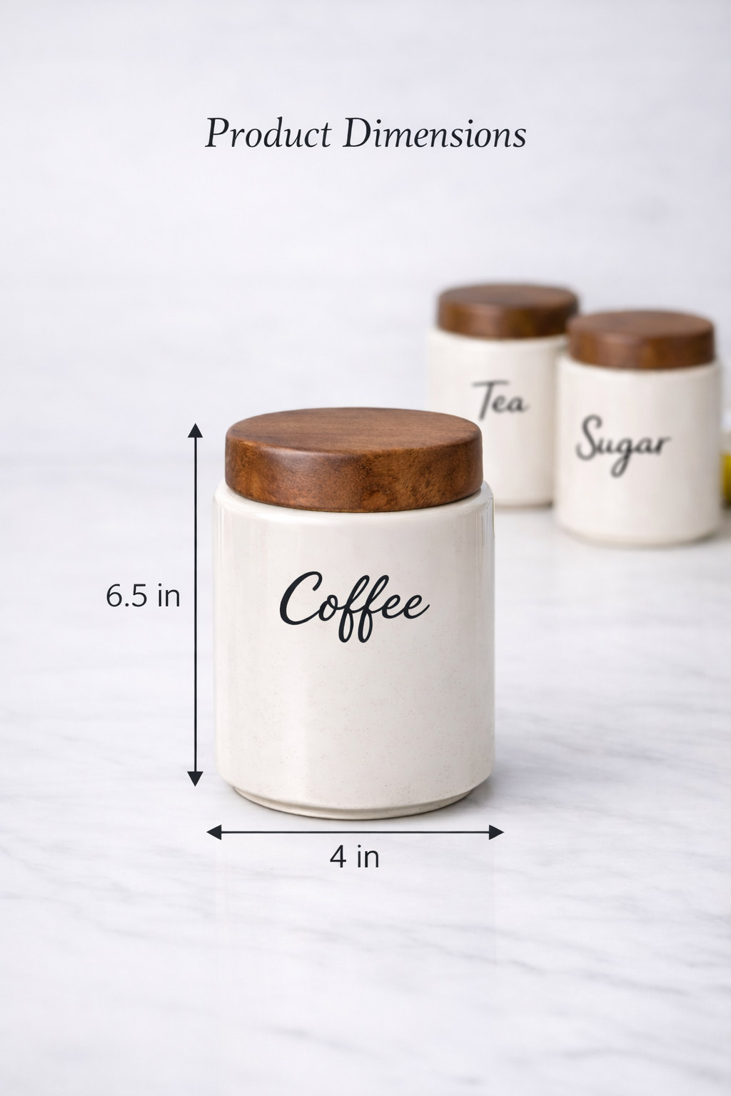 Ceramic Kitchen Canister Set with Acacia Wood Lids – Tea, Coffee & Sugar Storage Jars (Set of 3, Round)