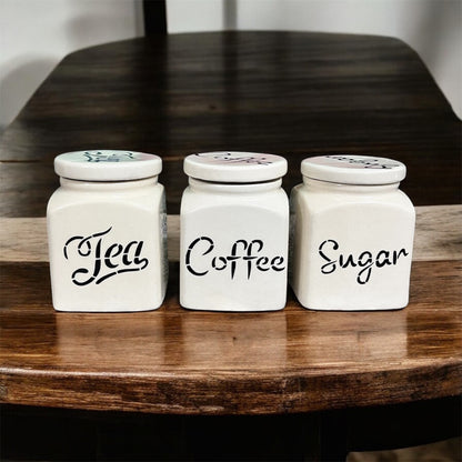 SOULCRAFTZ Ceramic Tea Coffee Sugar Canister Set of 3 | Ceramic Kitchen Airtight Storage Canister with Airtight Lid