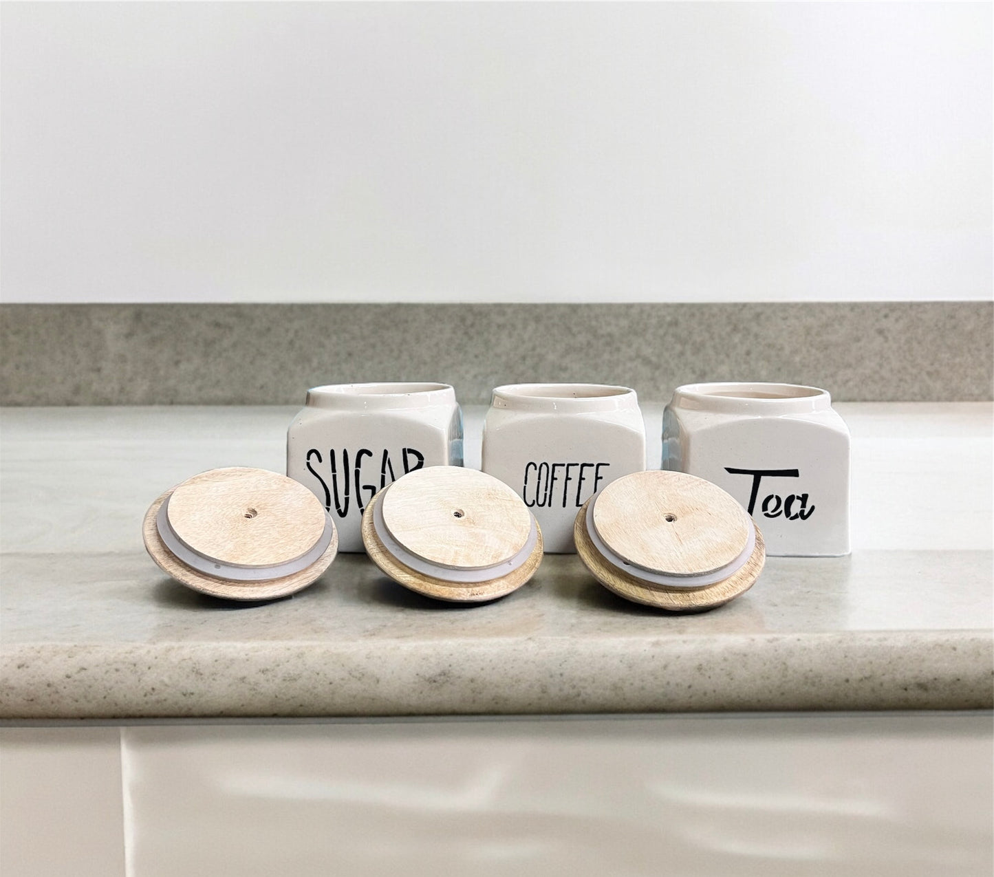 SOULCRAFTZ Ceramic Tea Coffee Sugar Canister Set of 3 | Ceramic Kitchen Airtight Storage Canister with Airtight Wooden Lid