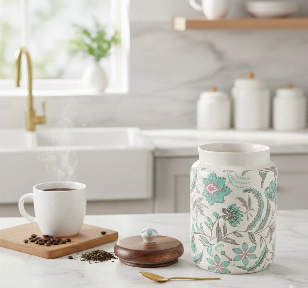 Handcrafted Floral Ceramic Storage Jars with Wooden Lid – Set of 2