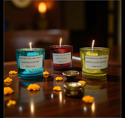 SOULCRAFTZ Handmade Scented Soy Wax Candles Set, Rose, Lavender & Sandalwood, 100% Pure, Coloured Glass Holders