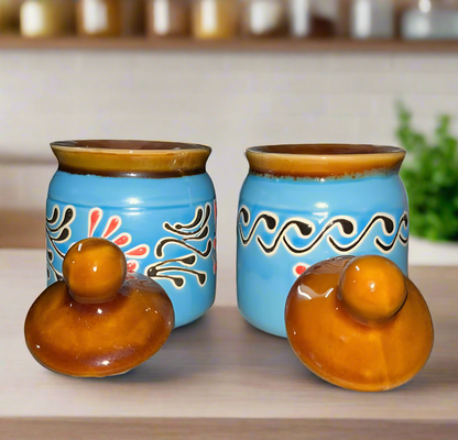 SOULCRAFTZ Ceramic Pickle Serving Jar Set | Condiment Set | Masala Container | Pickle and Chutney Jar Set for Dining Table, 150Ml Set of 2