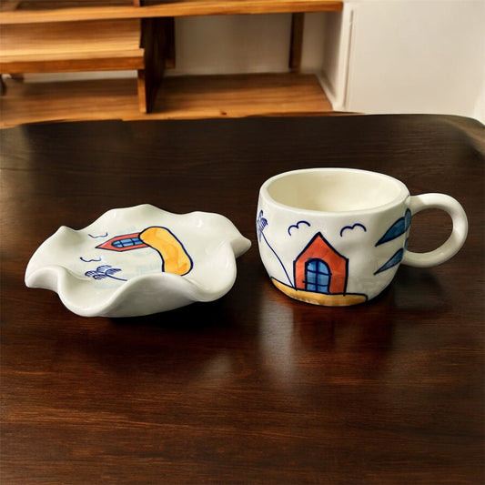 SOULCRAFTZ Ceramic Coffee Tea Milk Mug & Saucer | Microwave & Dishwasher Safe Ceramic Tea Cup | Perfect for Latte, Cappuccinos, Tea Bag & Beverages (Cream, 250ml)