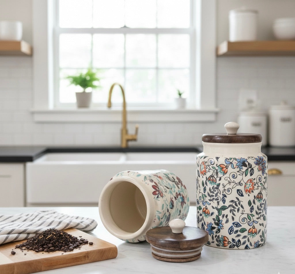 Handcrafted Floral Ceramic Storage Jars with Wooden Lid – Set of 2