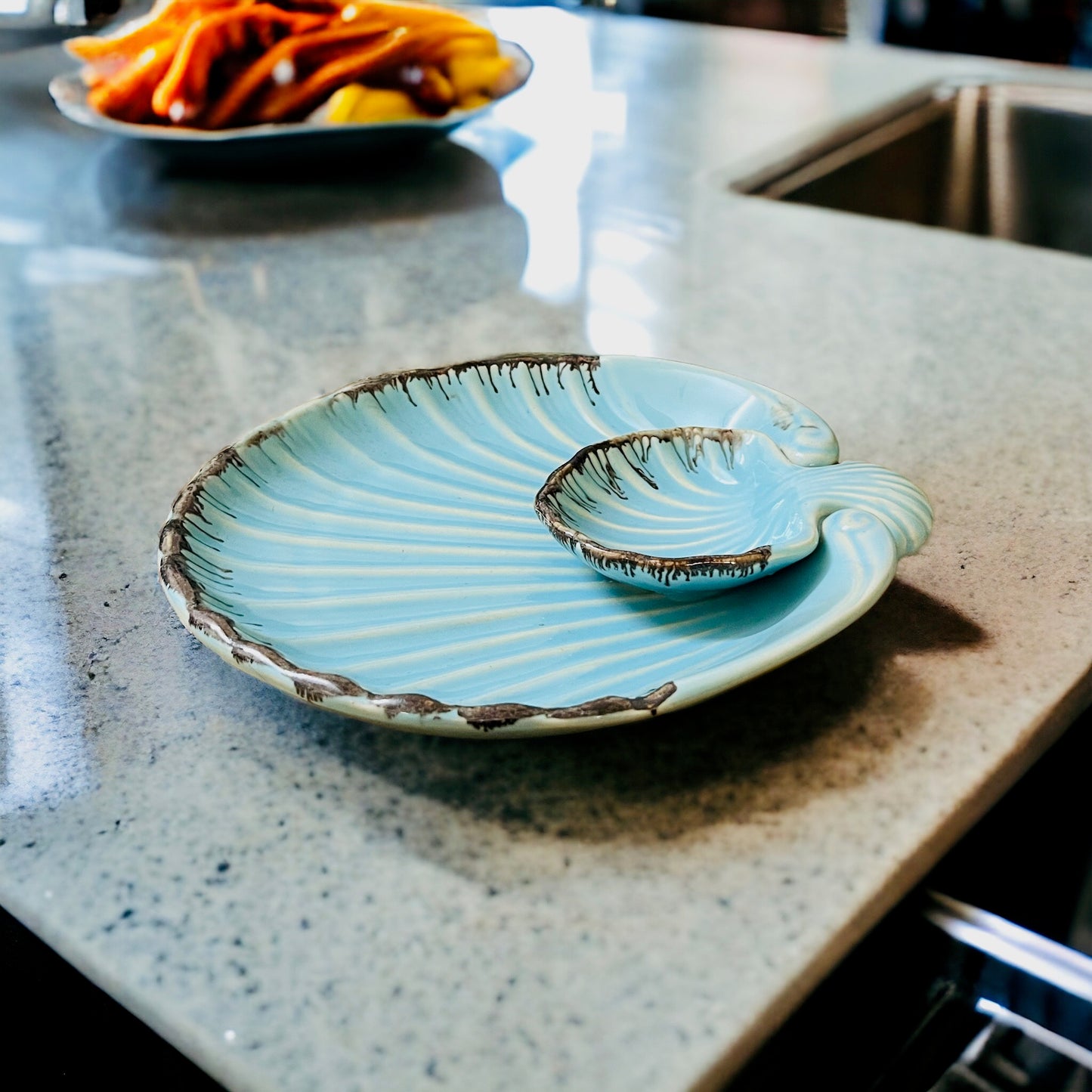 SOULCRAFTZ Ceramic Chip and Dip Platter for Snacks | 'Coral Reef' Hand Glazed Studio Pottery Serving Platters Snacks Serving