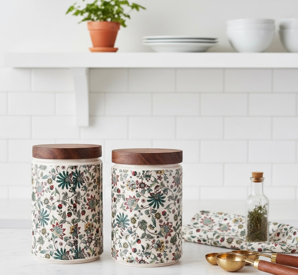 Elegant Floral Ceramic Storage Jars with Wooden Lid – Set of 2