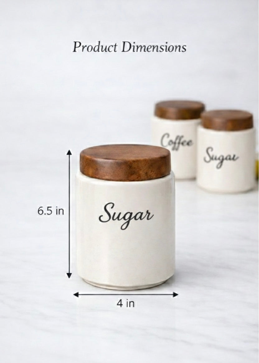 Ceramic Kitchen Canister Set with Acacia Wood Lids – Coffee & Sugar Storage Jars (Set of 2, Round)