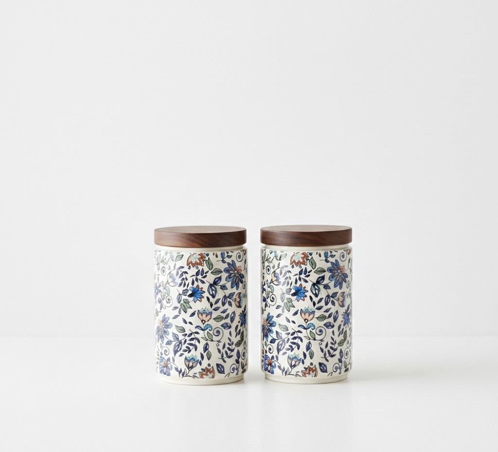 Elegant Floral Ceramic Storage Jars with Wooden Lid – Set of 2