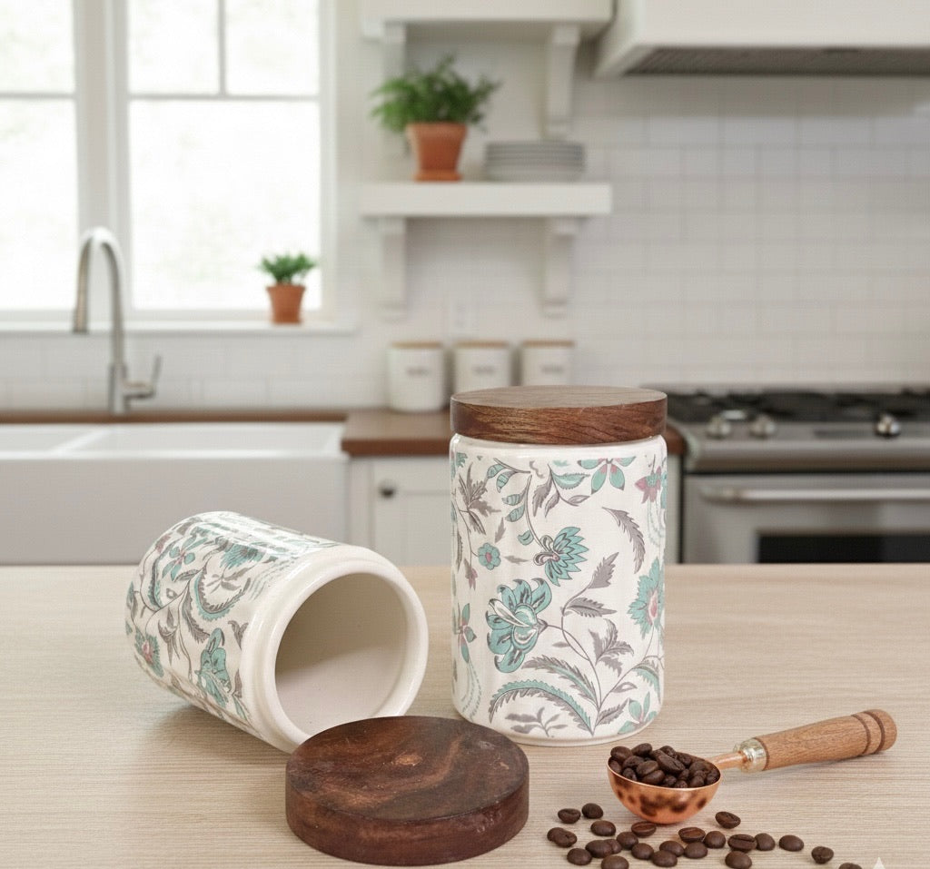 Elegant Floral Ceramic Storage Jars with Wooden Lid – Set of 2
