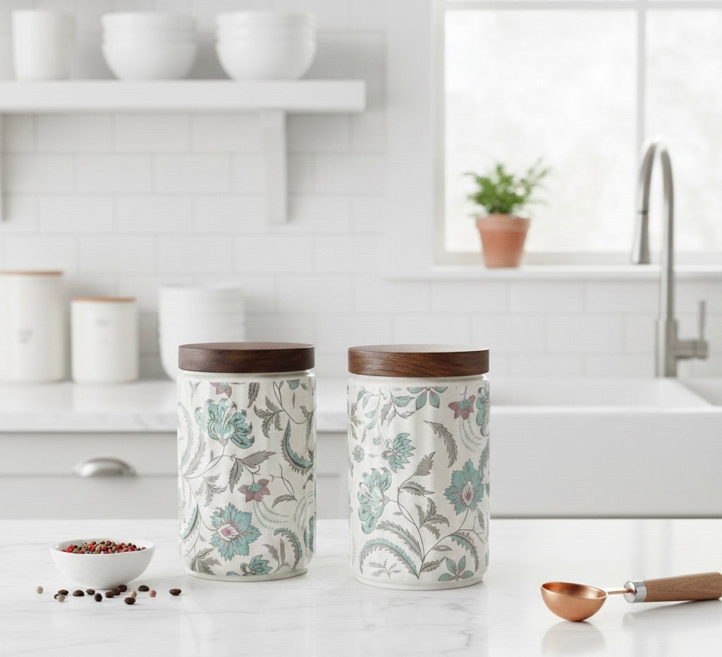 Elegant Floral Ceramic Storage Jars with Wooden Lid – Set of 2