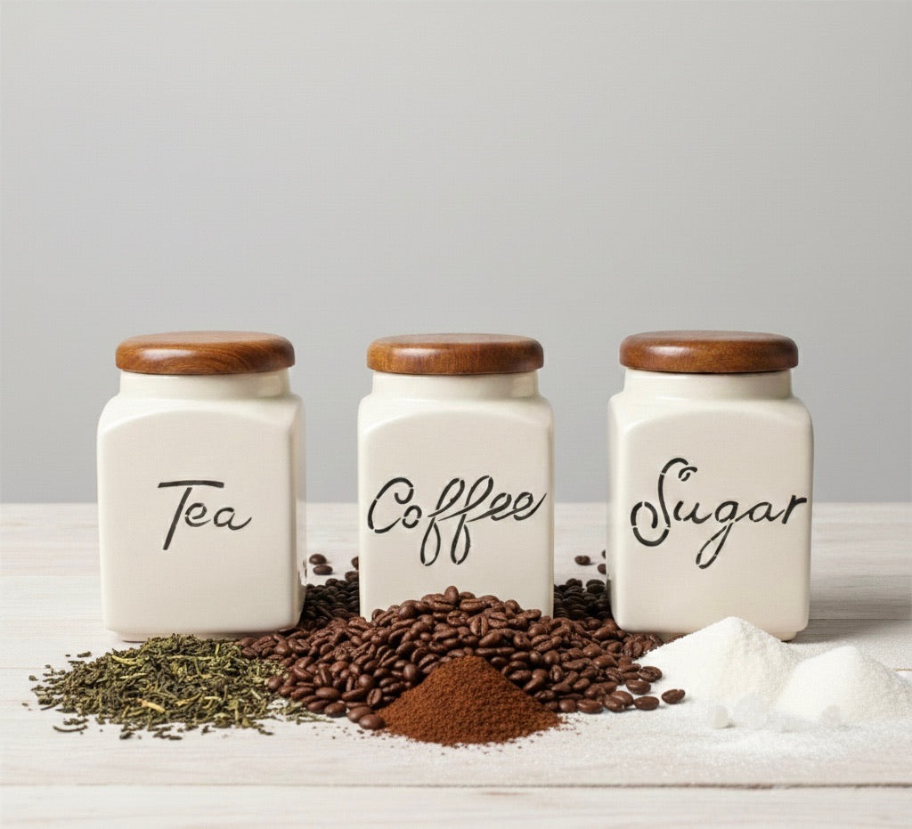 Ceramic Tea Coffee Sugar Canister Set with Wooden Lids