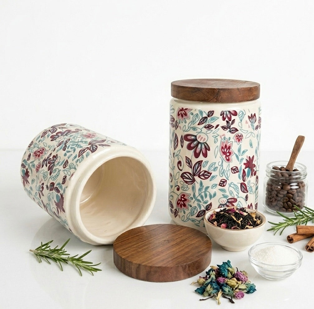 Elegant Floral Ceramic Storage Jars with Wooden Lid – Set of 2