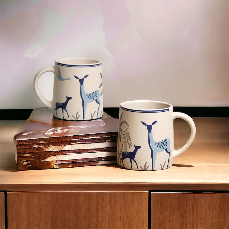 SOULCRAFTZ Adventure Edition Coffee & Tea Mugs With Modern Art Work Of Alive Deer And Floral Print, Set Of 2 (White, 250ml)