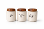 Ceramic Kitchen Canister Set with Acacia Wood Lids – Tea, Coffee & Sugar Storage Jars (Set of 3, Round)