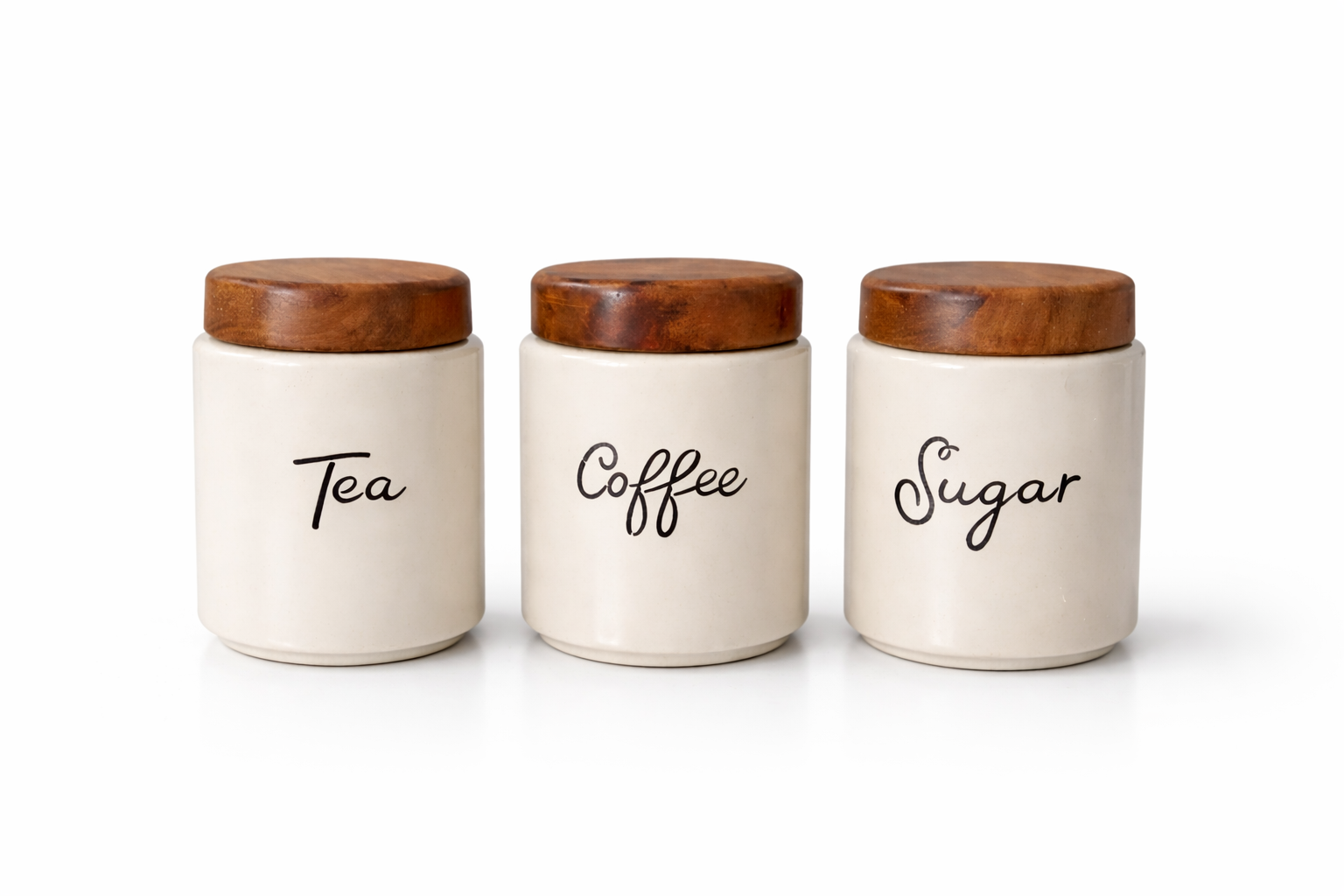 Ceramic Kitchen Canister Set with Acacia Wood Lids – Tea, Coffee & Sugar Storage Jars (Set of 3, Round)