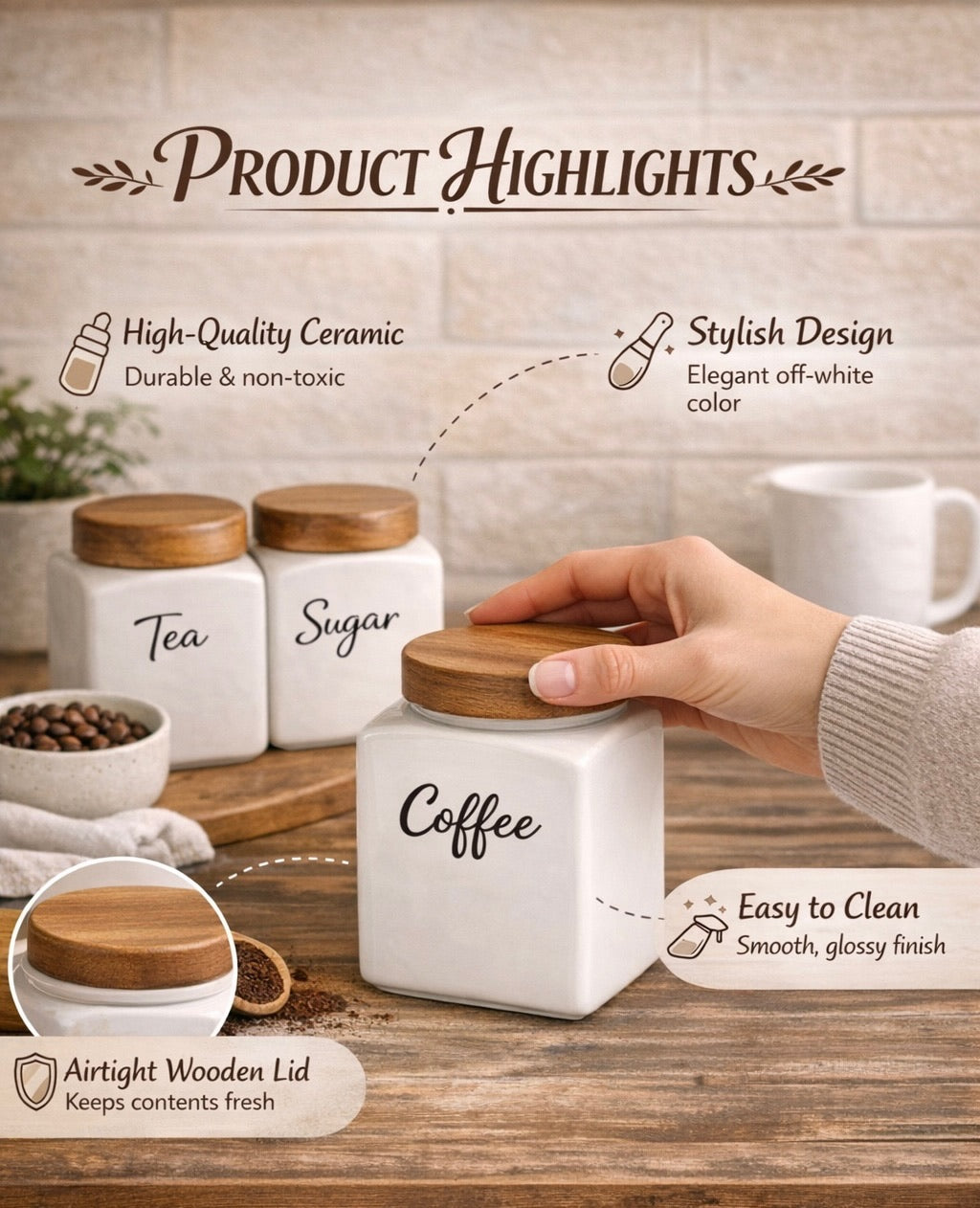 Ceramic Tea Coffee Sugar Storage Jars with Wooden Lid – Set of 3, Square