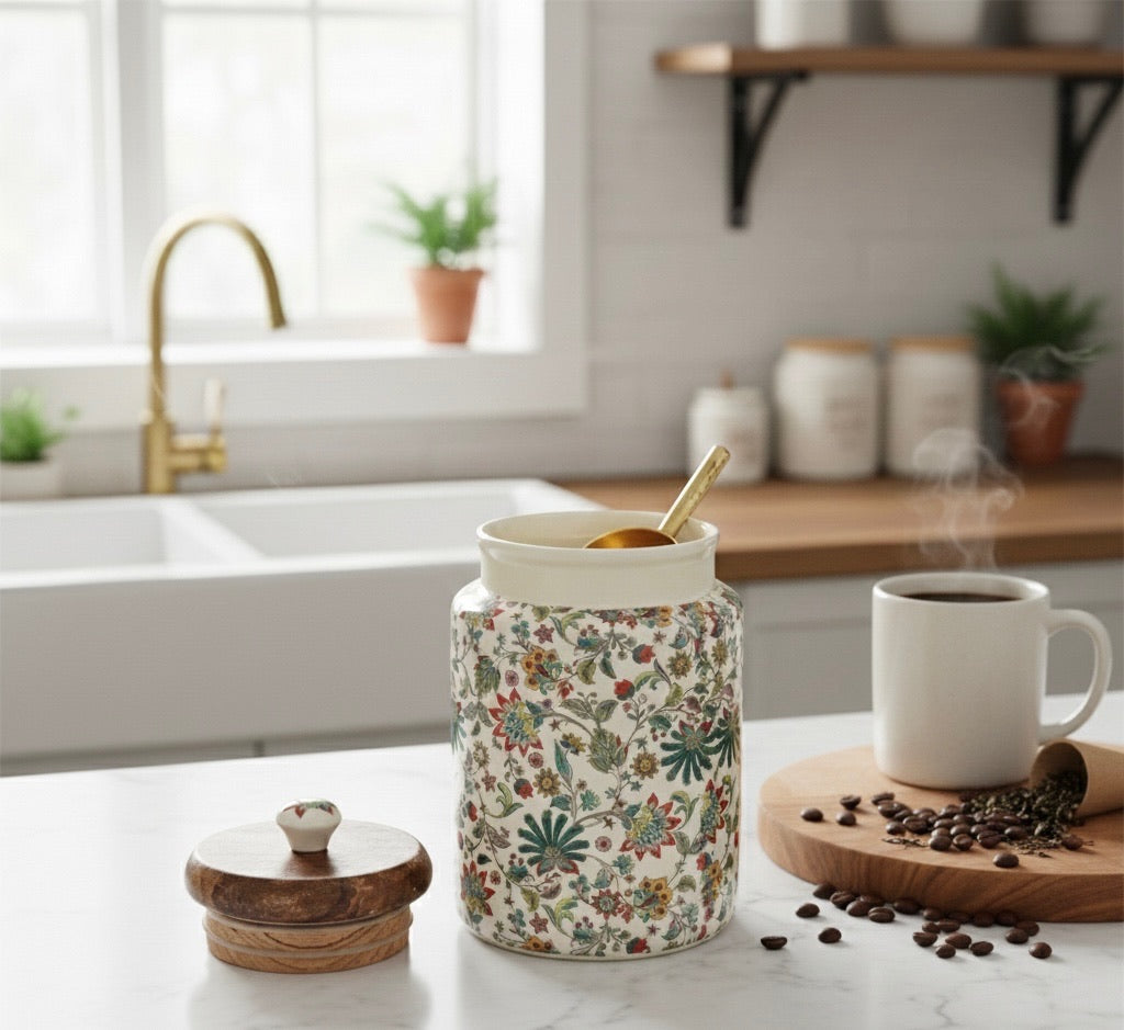 Handcrafted Floral Ceramic Storage Jars with Wooden Lid – Set of 2
