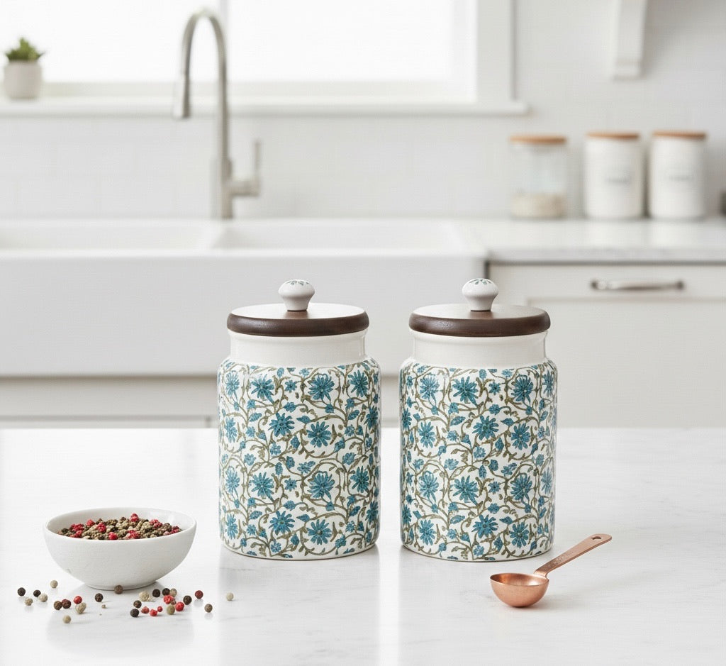 Handcrafted Floral Ceramic Storage Jars with Wooden Lid – Set of 2