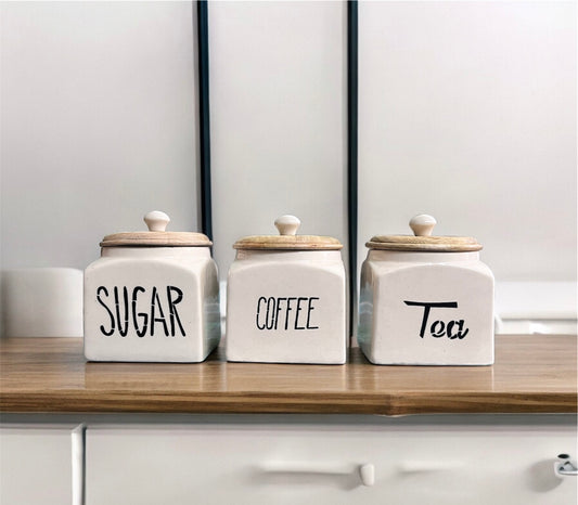 SOULCRAFTZ Ceramic Tea Coffee Sugar Canister Set of 3 | Ceramic Kitchen Airtight Storage Canister with Airtight Wooden Lid