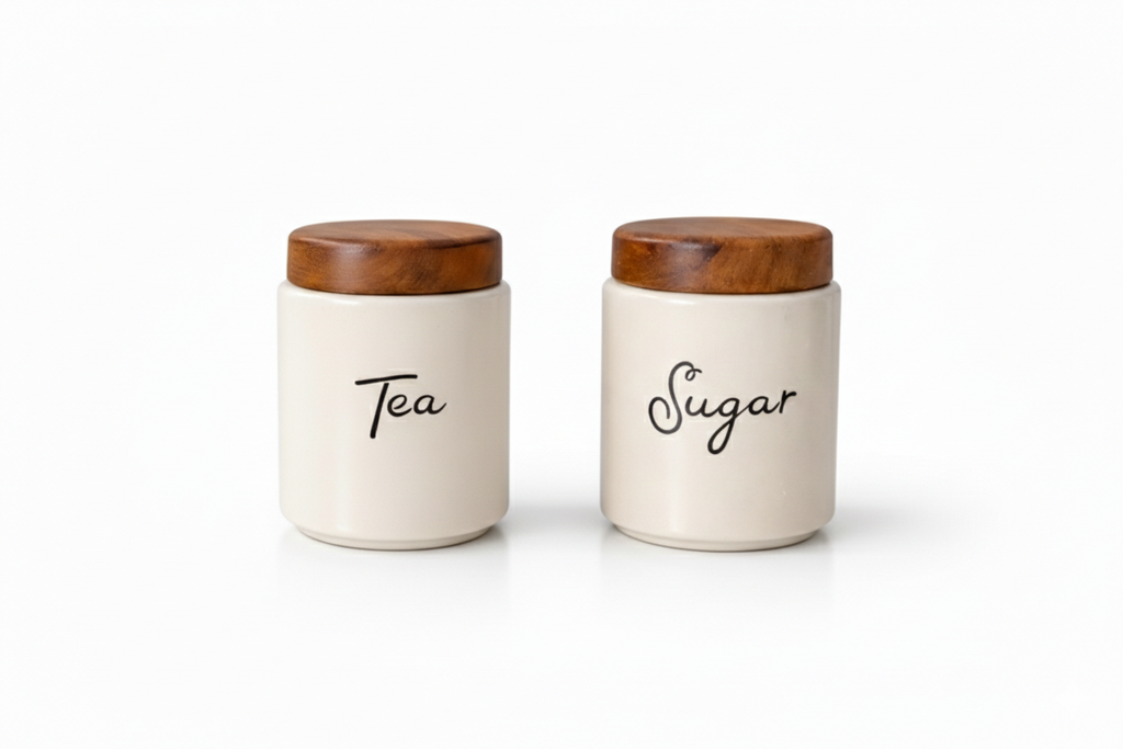 Ceramic Kitchen Canister Set with Acacia Wood Lids – Tea & Sugar Storage Jars (Set of 2, Round)