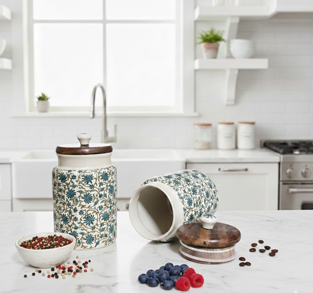 Handcrafted Floral Ceramic Storage Jars with Wooden Lid – Set of 2