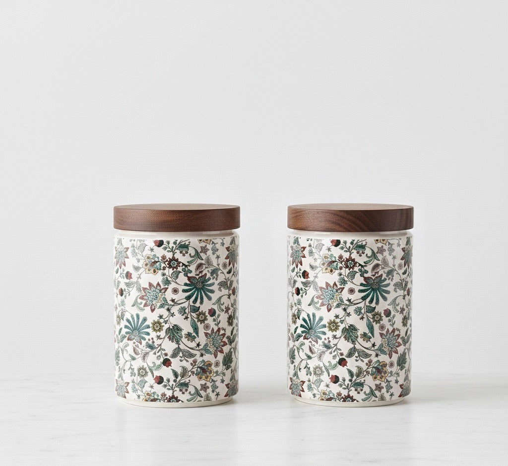 Elegant Floral Ceramic Storage Jars with Wooden Lid – Set of 2