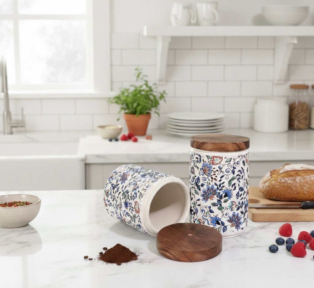 Elegant Floral Ceramic Storage Jars with Wooden Lid – Set of 2