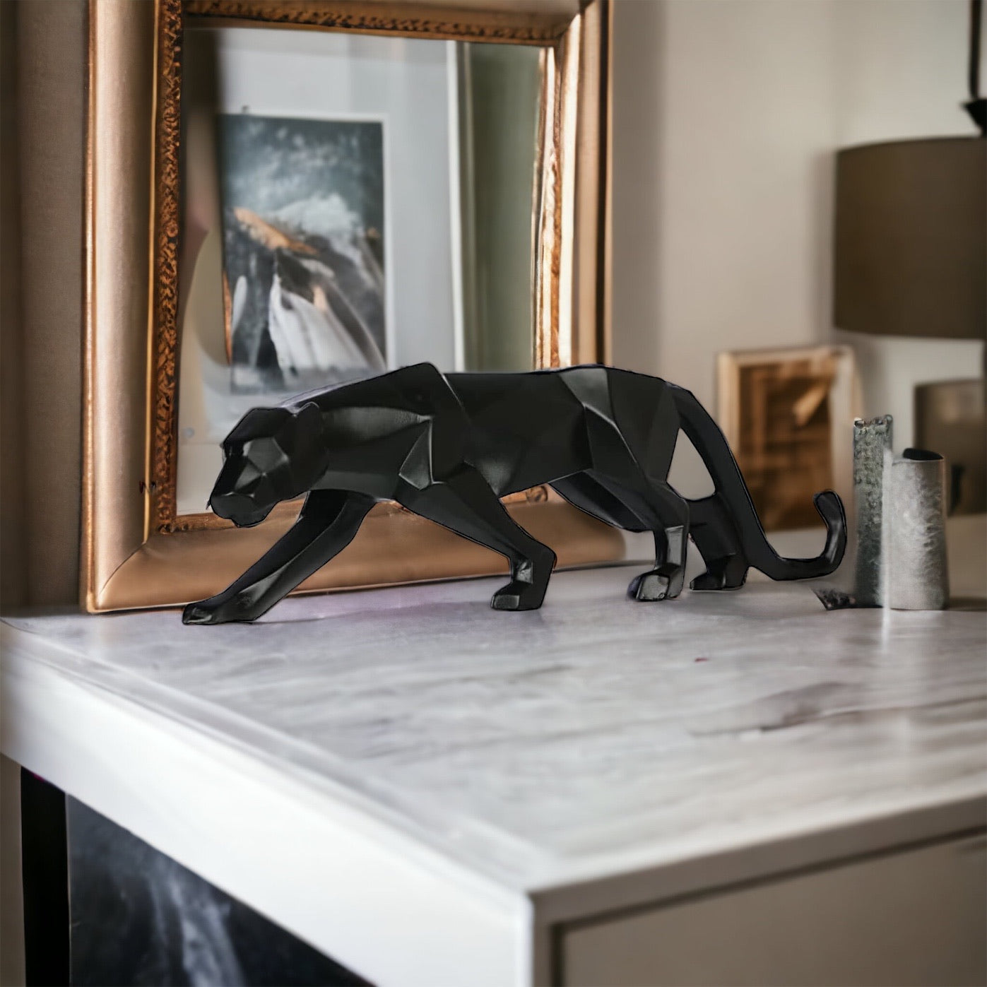 SOULCRAFTZ Modern Art Geometric Jaguar Figurine Panther Jaguar Geometrical Statue, Leopard Modern Art, Feng Shui Figurine, Home Interior Decor Showpiece (2 Piece) (Black & White)