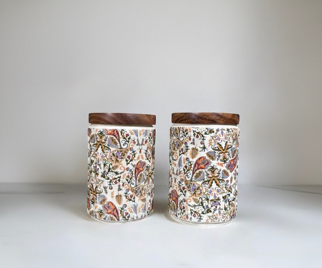 Elegant Floral Ceramic Storage Jars with Wooden Lid – Set of 2