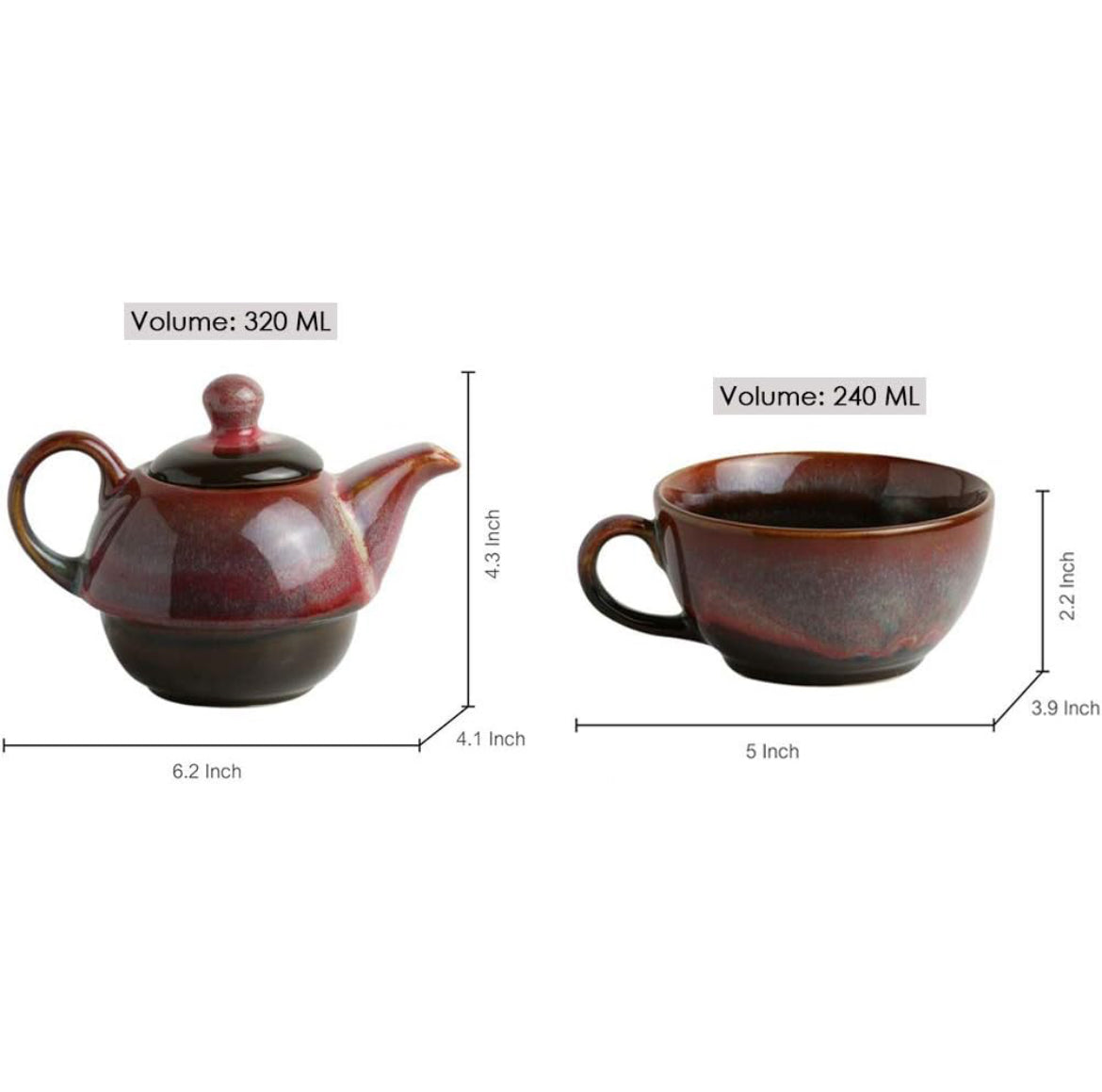 SOULCRAFTZ Ceramic Tea Pot Kettle with Cup Tea Pot Set Studio Pottery Cup 250Ml, Kettle 380 Ml (Set of Single Kettle with Cup (Dual Glazed)